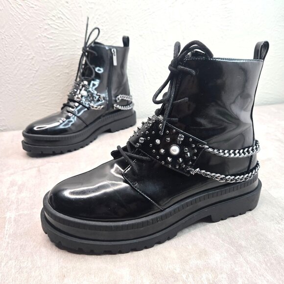 Lace Up Combat Booties Black Patent Stud Spike Goth Grunge Platform Hiker Boots - Picture 1 of 11